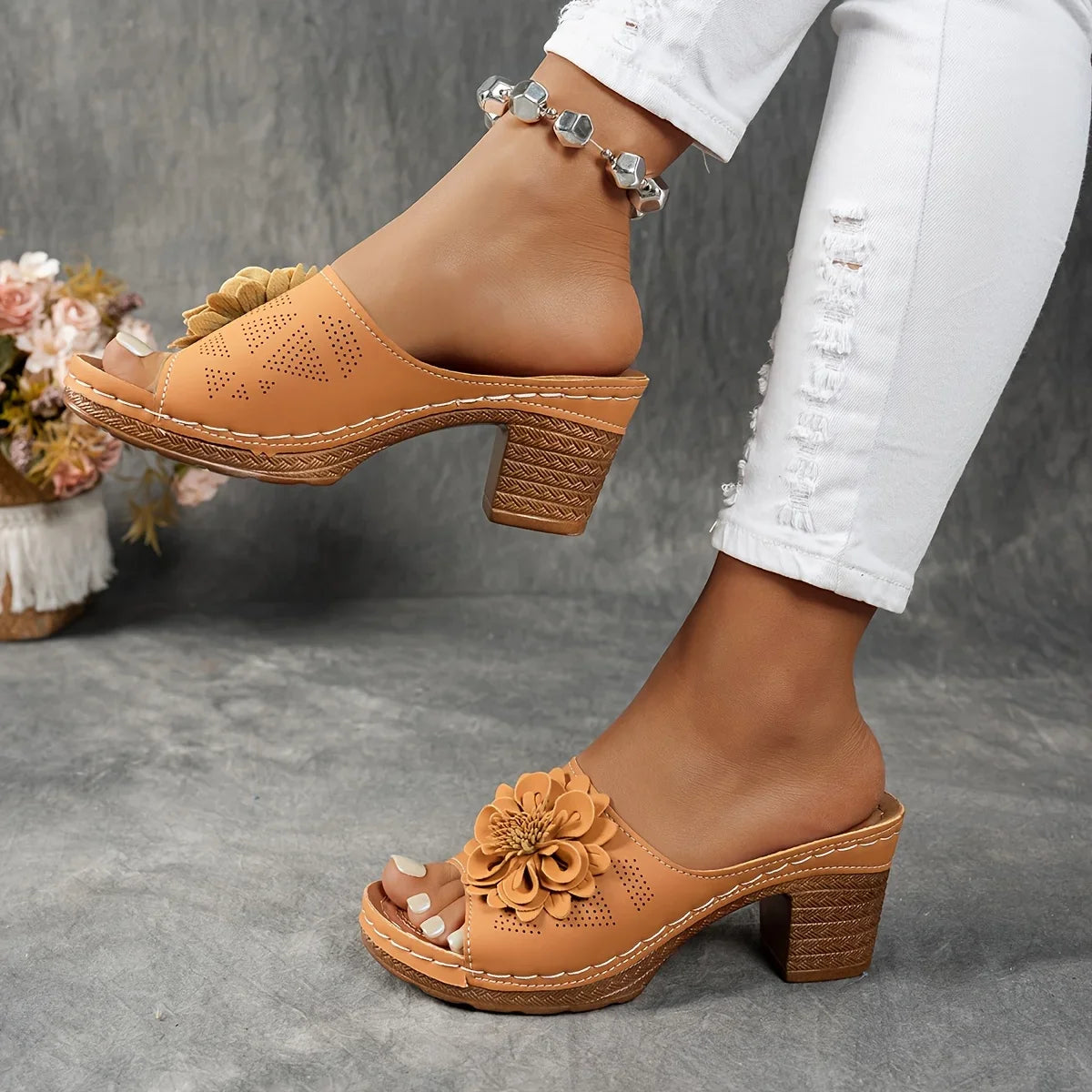Delfina Floral Block Heel