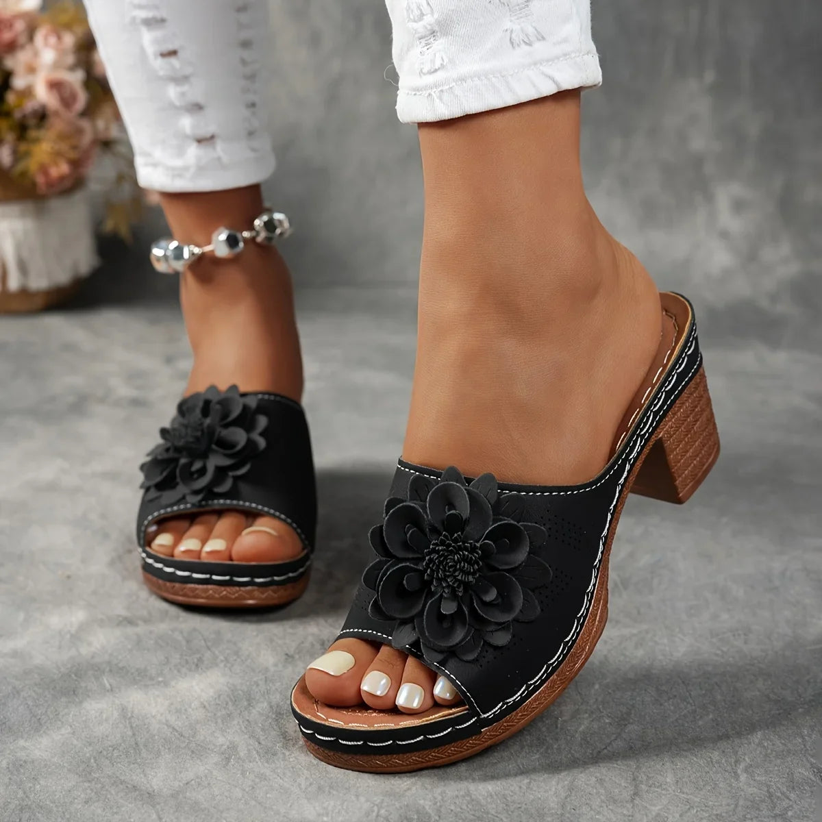 Delfina Floral Block Heel