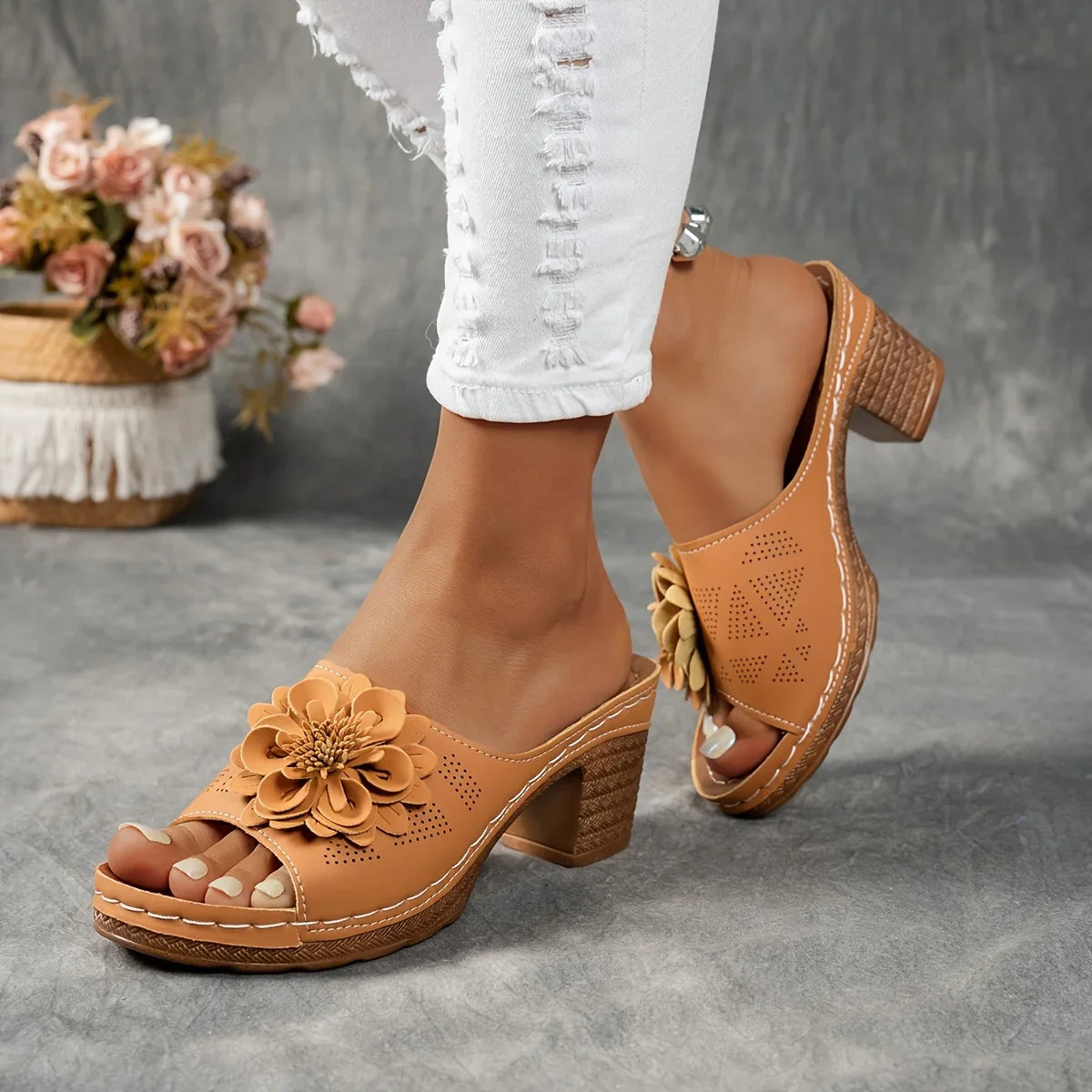 Delfina Floral Block Heel