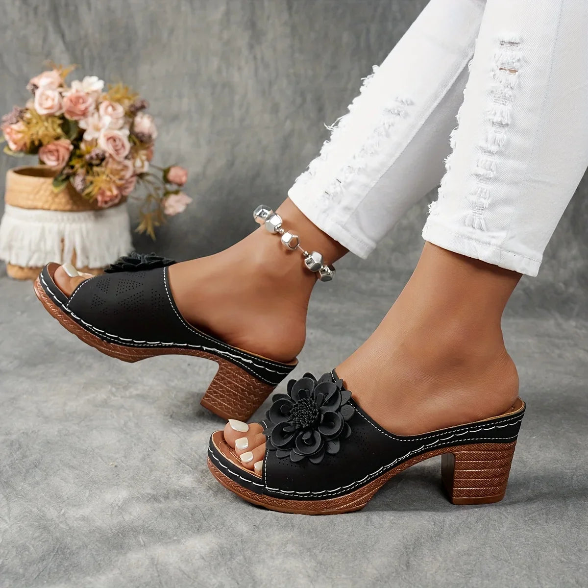 Delfina Floral Block Heel