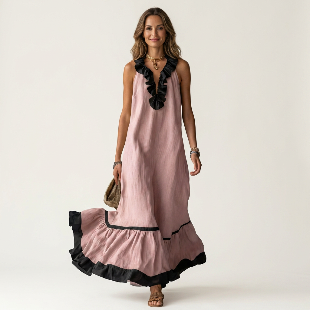Mayline | Sleeveless Ruffle-Neck Contrast-Trim Maxi Dress